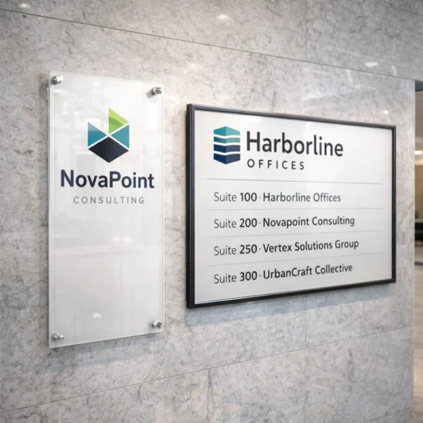 acrylic signs printing modern office signage with marble backdrop
