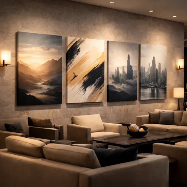 canvas prints modern lounge with dramatic art pieces
