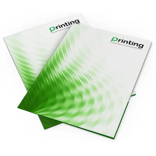 Stacked corporate presentation folders printed in green and white design