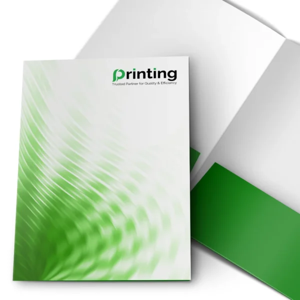Corporate presentation folder with front pocket printed in green and white design