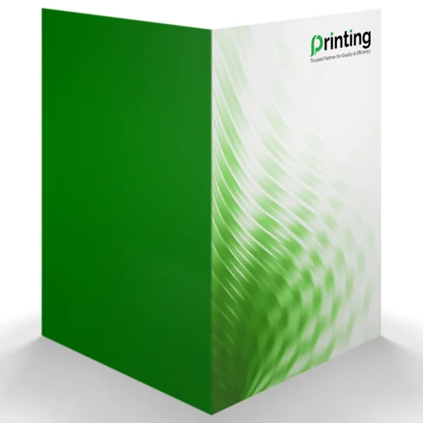 Open corporate presentation folder showing outer cover and inside panel