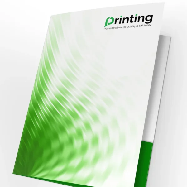 Angled view of printed corporate folder with green and white cover design