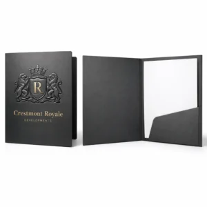Premium corporate folder printing Singapore with modern blue design and document pocket