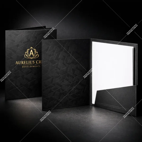 Dark spot UV pattern corporate folder printing Singapore with gold foil emboss logo