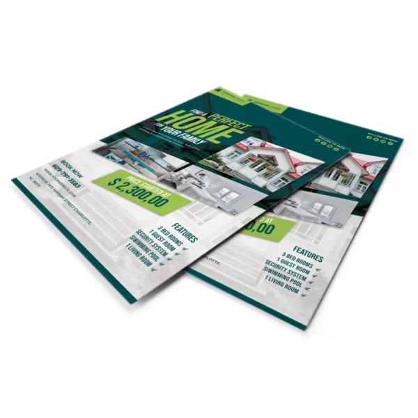 Real estate flyer printing in green design shown in stacked view