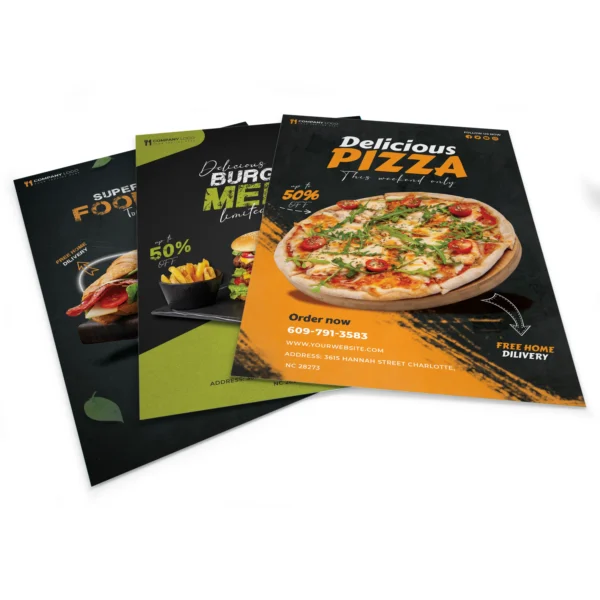 Restaurant promotional flyers printed in full colour displayed in stack