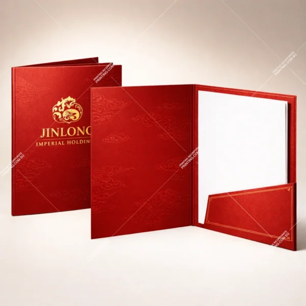 Imperial red corporate folder printing Singapore with shiny gold hot stamp logo and pocket