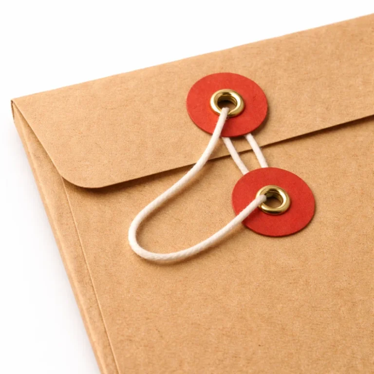 kraft envelope with red eyelets and string