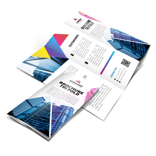 Full colour tri-fold leaflet printing Singapore with vibrant geometric design