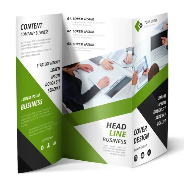 Green stylish tri-fold leaflet printing Singapore with modern business layout