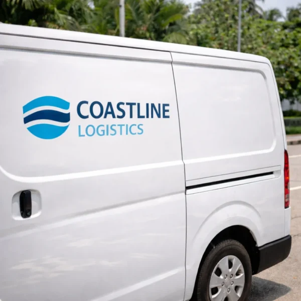 outdoor label stickers coastline logistics van in tropical setting