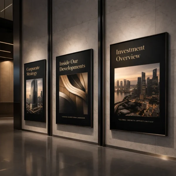 posters printing elegant corporate lobby with framed posters