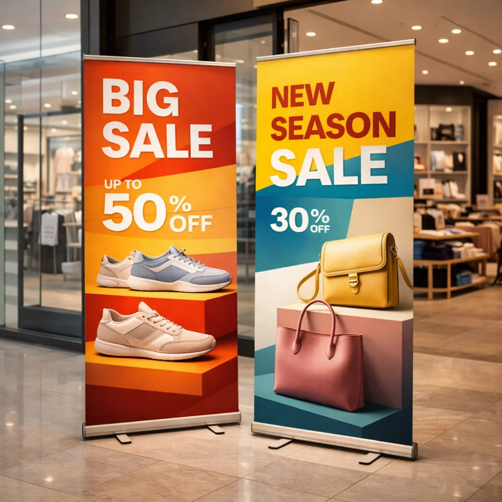 rollup banners printing mall entrance with promotional banners