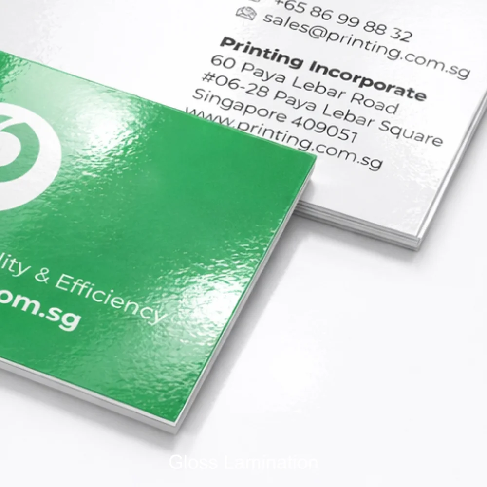 standard business cards printing singapore gloss lamination closeup
