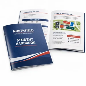 Student handbook saddle stitched booklet printing Singapore with academic policy layout