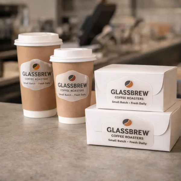 transparent stickers glassbrew coffee packaging at the counter