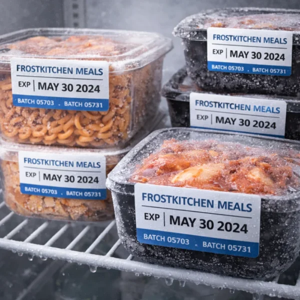waterproof label stickers printing frozen meals in commercial freezer