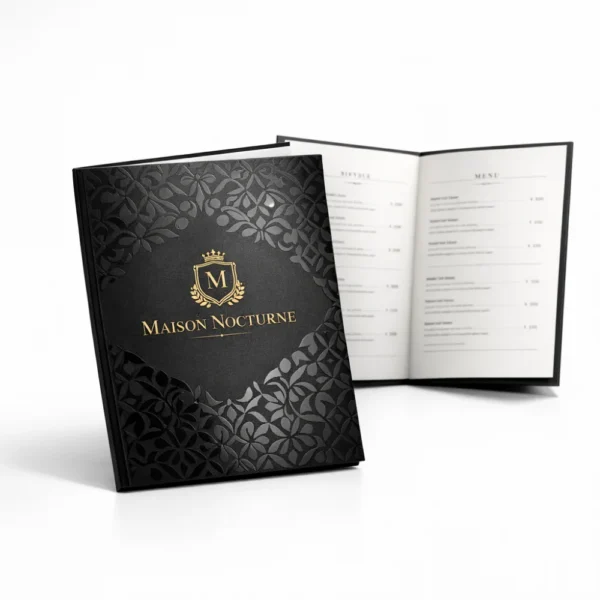 A4 velvet touch booklet menu printing Singapore with spot UV pattern and gold foil logo for luxury fine dining restaurant