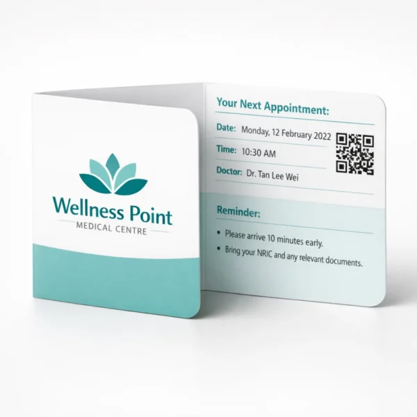 Bi-fold medical appointment reminder card printing Singapore with QR code and rounded corners