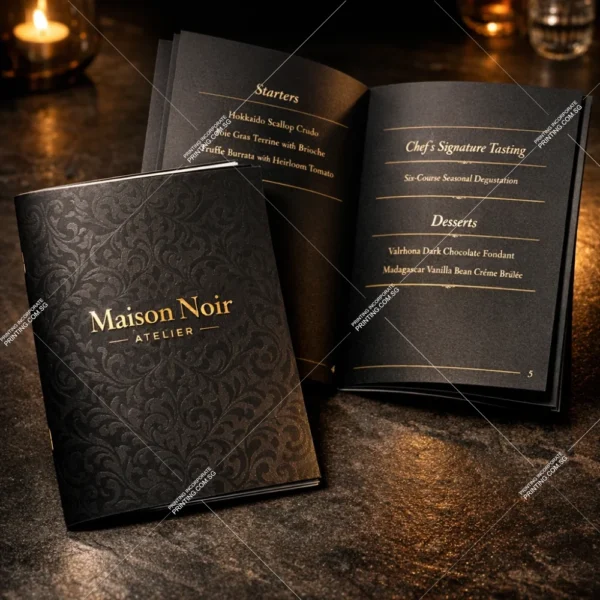Black spot UV pattern menu printing Singapore with gold hot foil logo and elegant layout