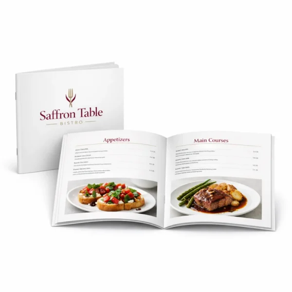 Booklet menu printing Singapore featuring restaurant bistro menu with appetizers and main courses in premium bound format