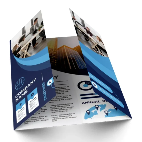 Blue corporate gate fold business brochures printing in Singapore with modern layout and professional design