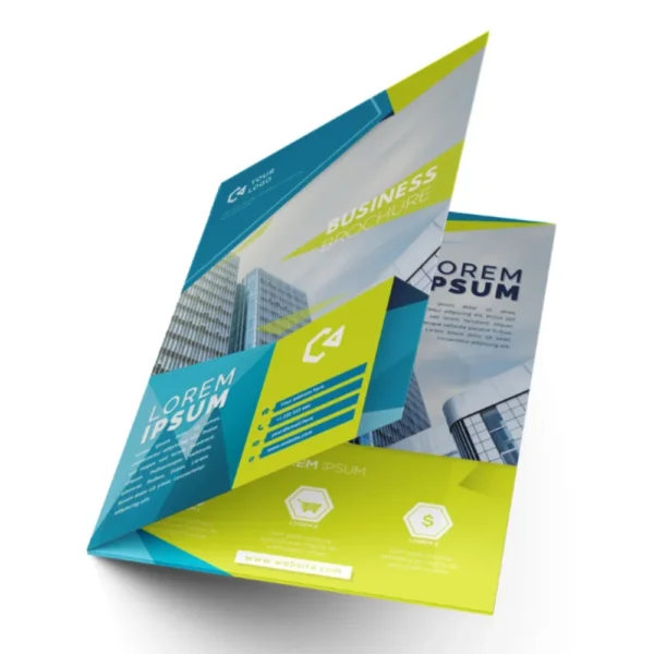 Green corporate single fold business brochure printing Singapore with modern geometric design