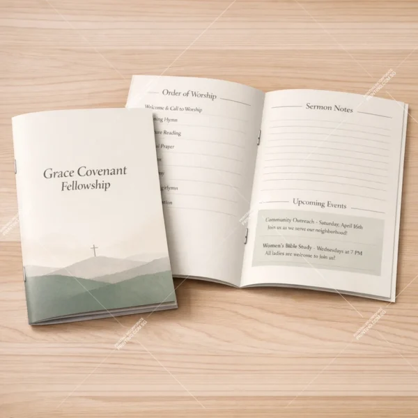 Church service programme saddle stitched booklet printing Singapore with clean minimal cover design