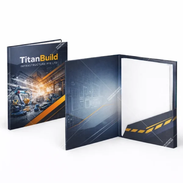Construction corporate folder printing Singapore with heavy equipment design and right side pocket