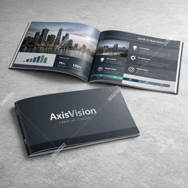 Corporate landscape stapled booklet printing Singapore with wide format presentation layout