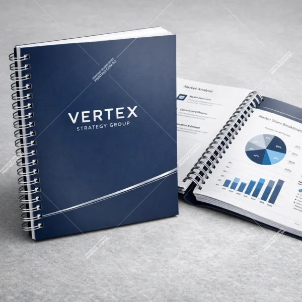 Corporate presentation wire o booklet printing Singapore with metal spiral binding and financial report layout