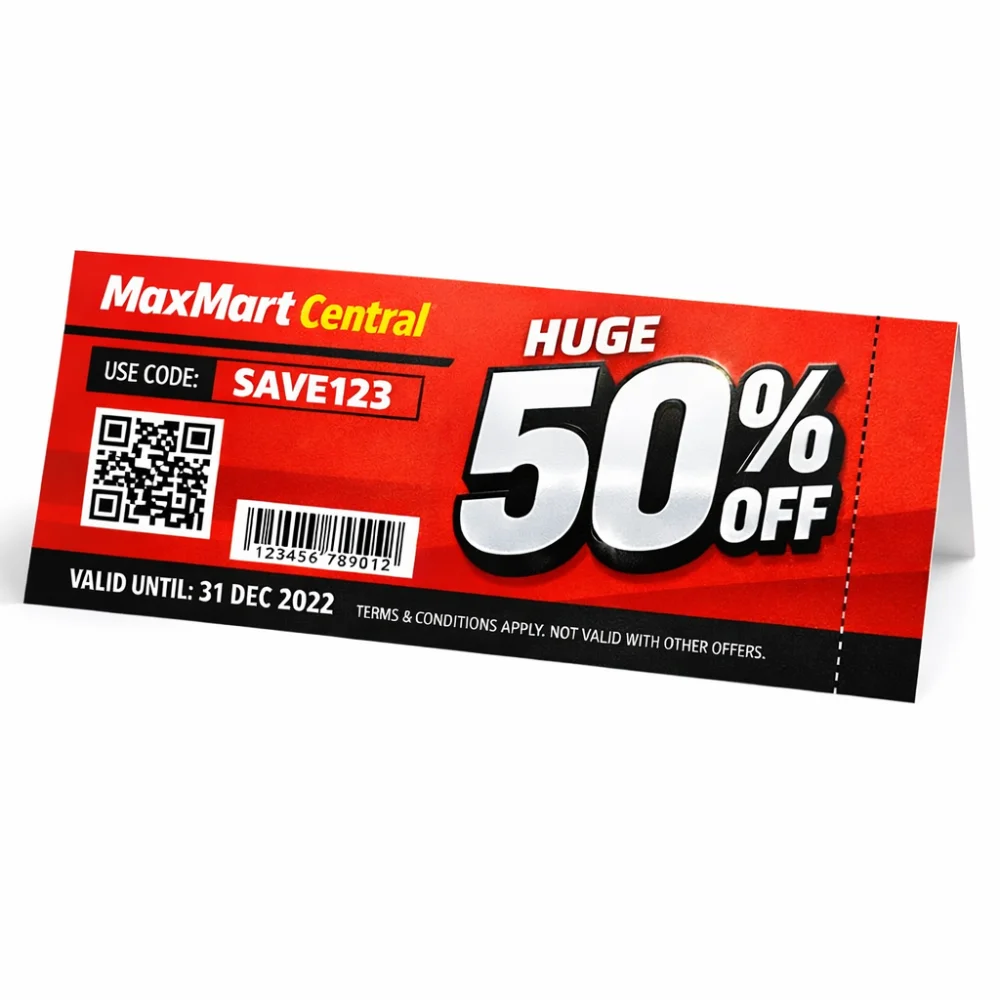 Discount coupon printing Singapore with QR code, barcode and 50 percent off promotional design