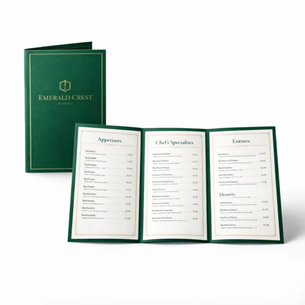 Deep emerald velvet touch tri fold menu printing Singapore with gold foil detailing for luxury restaurant