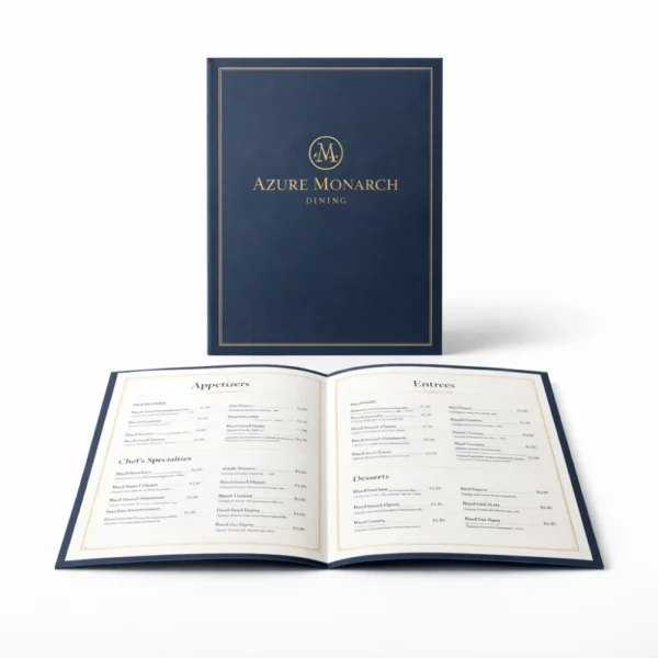 Deep navy velvet touch booklet menu printing Singapore with gold foil logo and premium hardcover finish