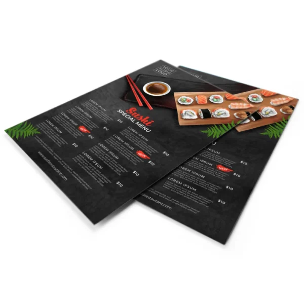 Sushi flat menu printing Singapore featuring Japanese food layout with sushi platter, chopsticks and dark textured background