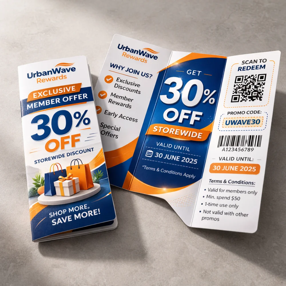 Tri fold discount coupon printing Singapore with 30 percent storewide promotion QR code and barcode