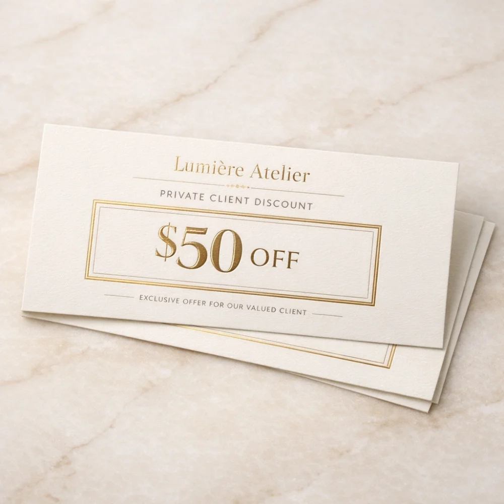 Luxury gold foil discount coupon printing Singapore with 50 dollar off private client offer