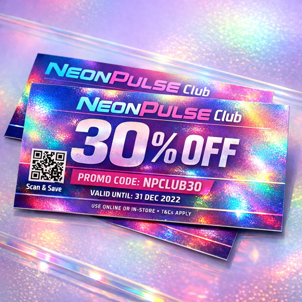 Holographic discount coupon printing Singapore with 30 percent off promo code and QR scan