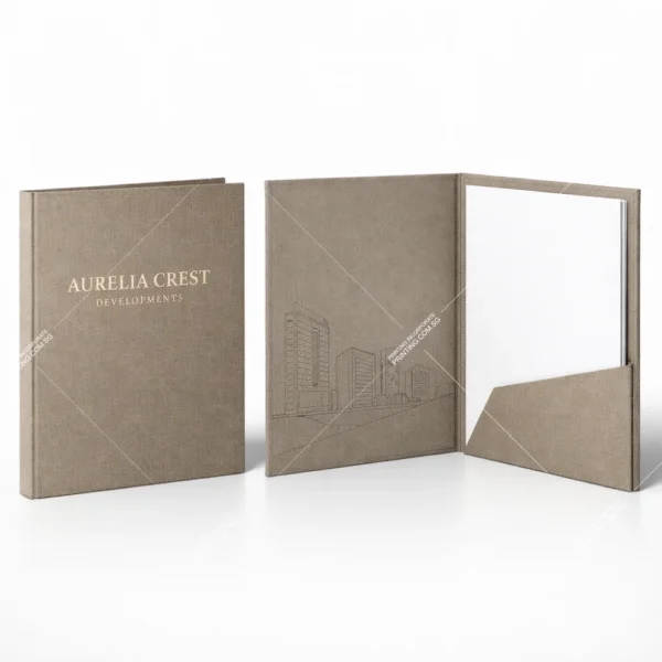 Linen textured corporate folder printing Singapore with gold foil logo and pocket