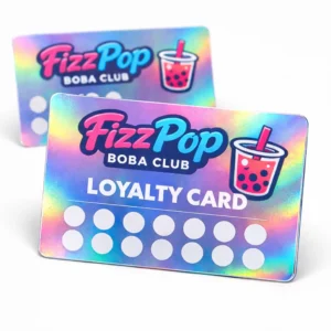 Holographic loyalty card printing Singapore for bubble tea shop with rainbow foil finish and stamp reward layout