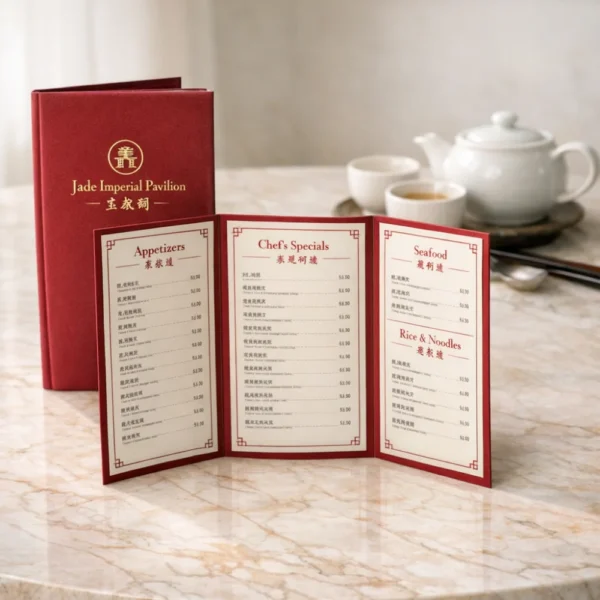 Luxury Chinese restaurant menu printing Singapore featuring red velvet hardcover and tri-fold menu with gold foil detailing