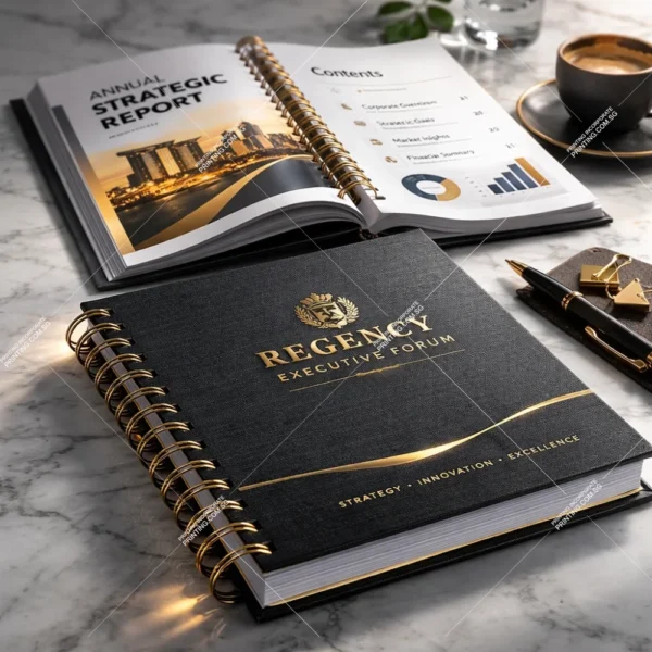 Luxury hardcover wire o booklet printing Singapore with gold foil stamping and premium finish