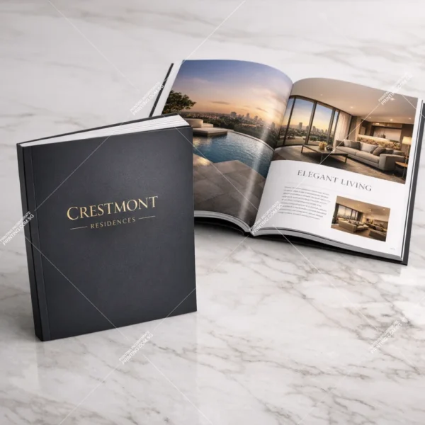 Luxury property showcase perfect bound booklet printing Singapore with gold foil title
