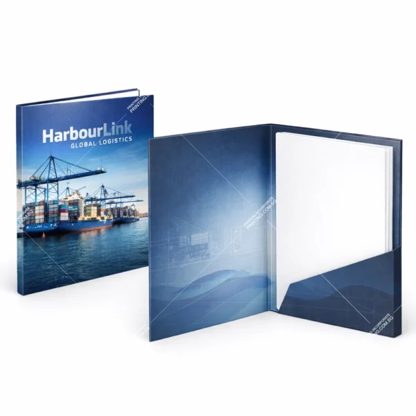 Maritime corporate folder printing Singapore with shipping logistics cover design
