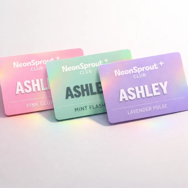 Matte holographic VIP card printing Singapore with pastel neon gradient youth tiered membership design