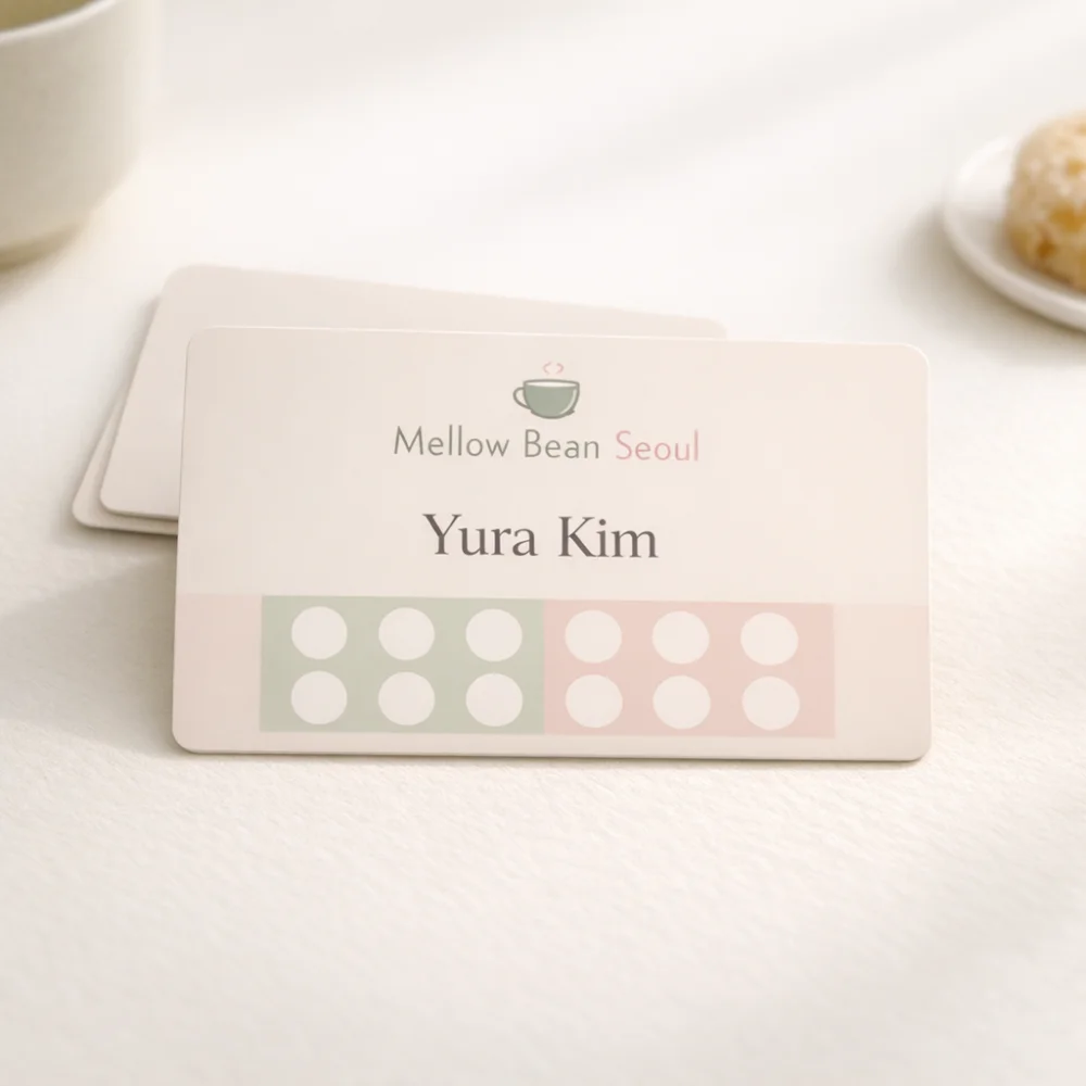 Minimal pastel Korean style cafe loyalty card printing Singapore with soft aesthetic design and stamp reward layout