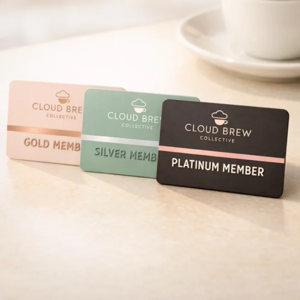 Modern cafe VIP membership card printing Singapore featuring gold, silver and platinum tiered cards with embossed finish