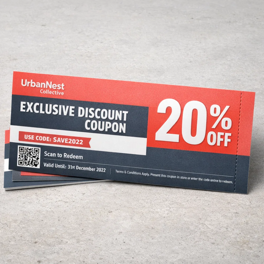 Modern retail discount coupon printing Singapore with 20 percent off promo code and QR scan