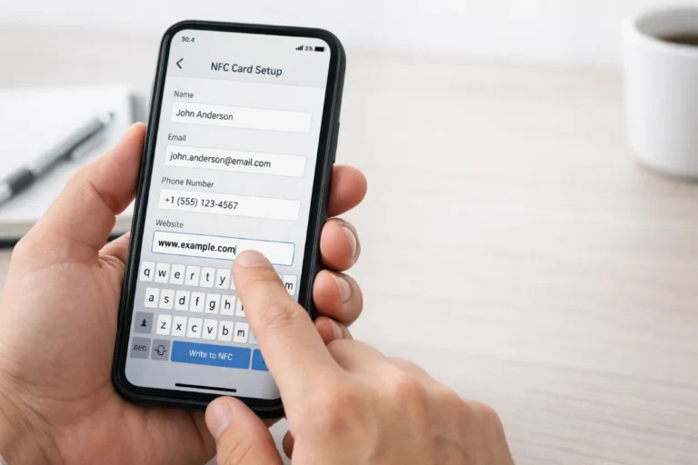 User typing contact and website details into an NFC writing app on smartphone to set up NFC business card