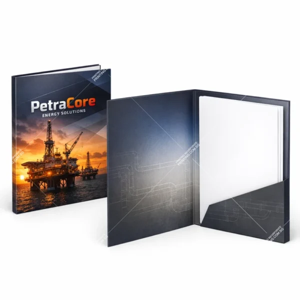 Oil and gas corporate folder printing Singapore with offshore energy themed design